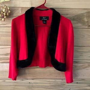 Elegant Red Shrug with Black Faux Fur Trim